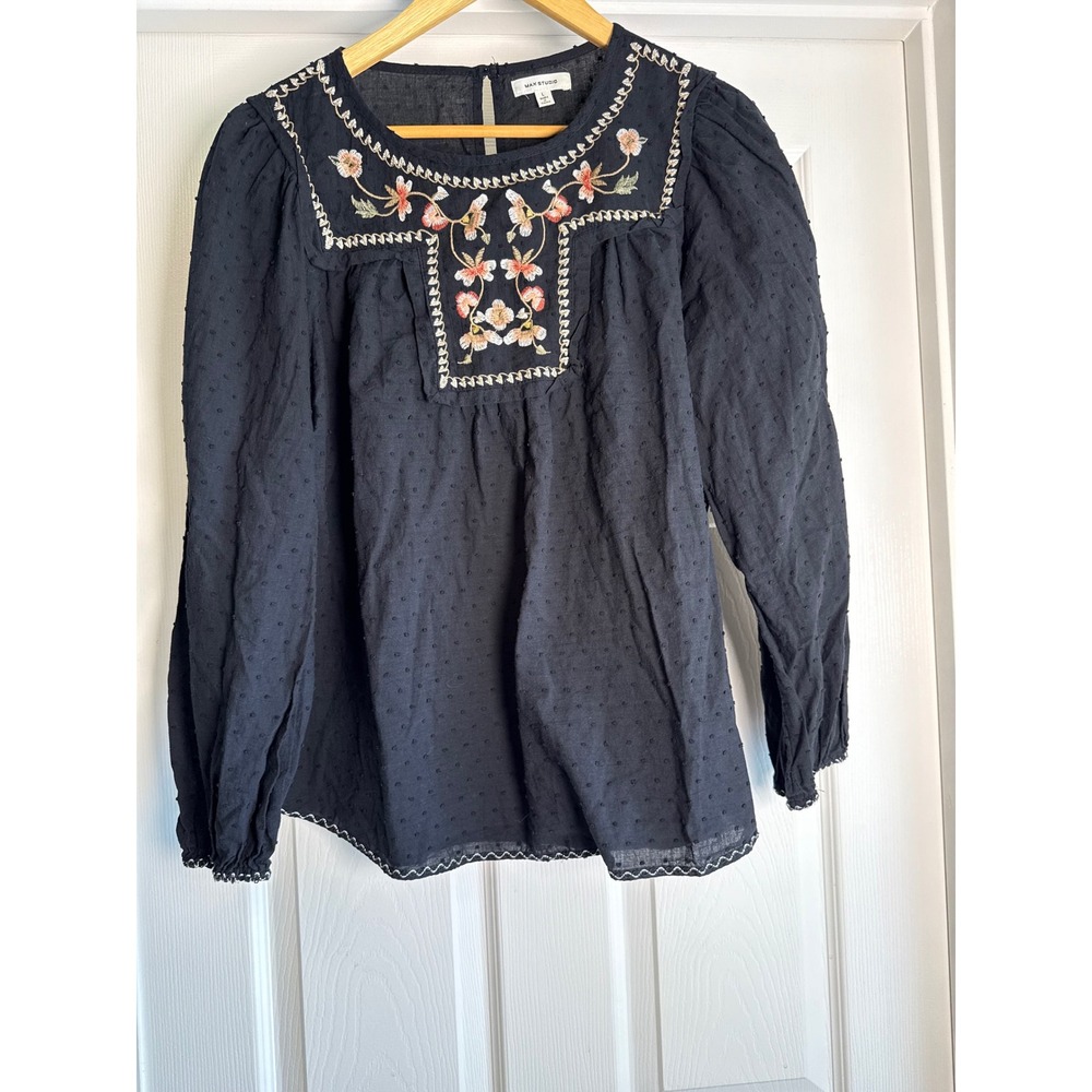 Max Studio Blouse Womens L Black Embroidered Swiss Dot Cotton Peasant Top